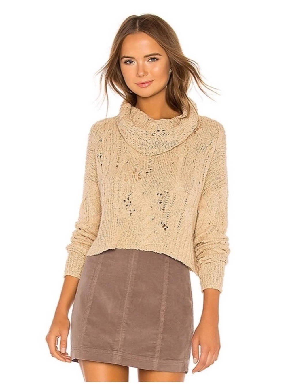Free People Shades of Dawn Cowl Neck Crop Sweater Distressed Cable Knit Beige M